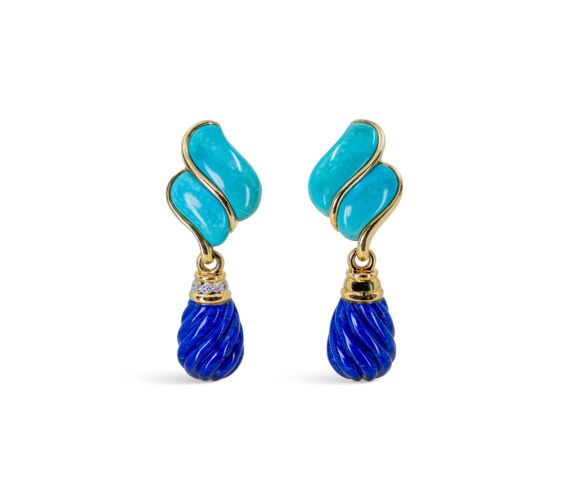 Ohrh&auml;nger der 1970er-Jahre mit Hartsteinen und Diamanten in T&uuml;rkis und Lapis, 18 Karat Gold