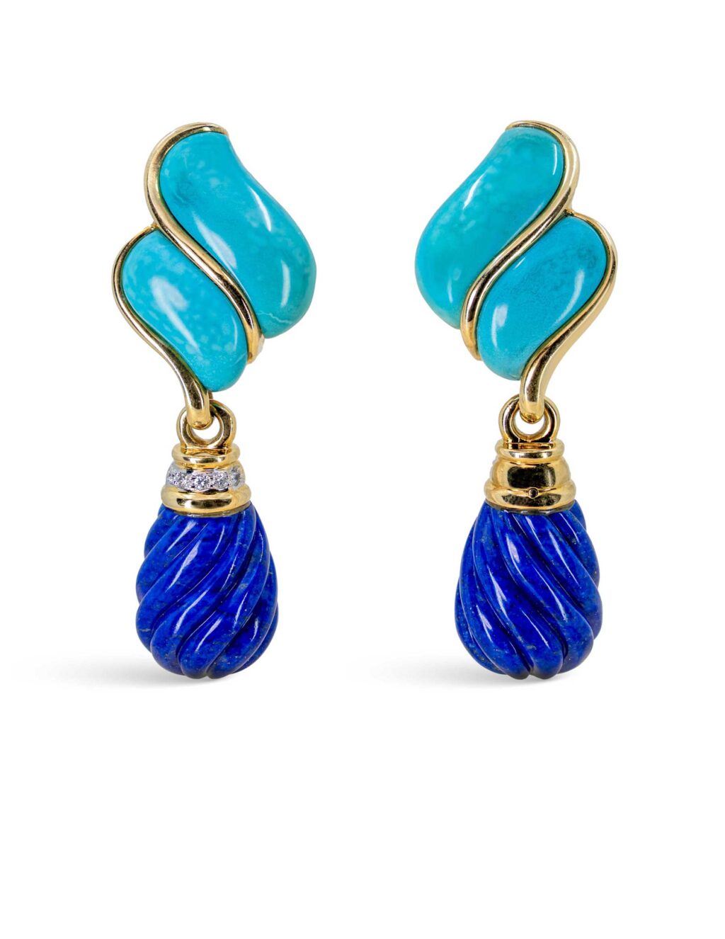 Ohrh&auml;nger der 1970er-Jahre mit Hartsteinen und Diamanten in T&uuml;rkis und Lapis, 18 Karat Gold