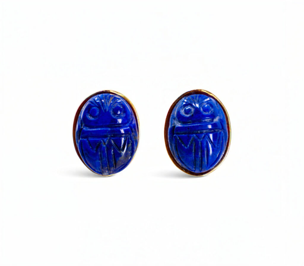 Egyptian Revival Gold Earrings with Carved Lapis Scarabs