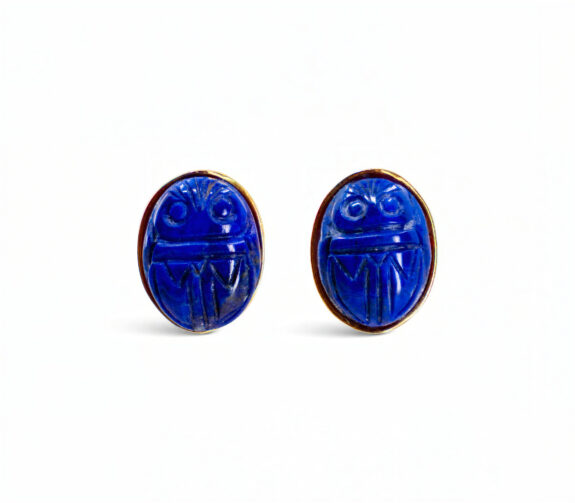Egyptian Revival Gold Earrings with Carved Lapis Scarabs