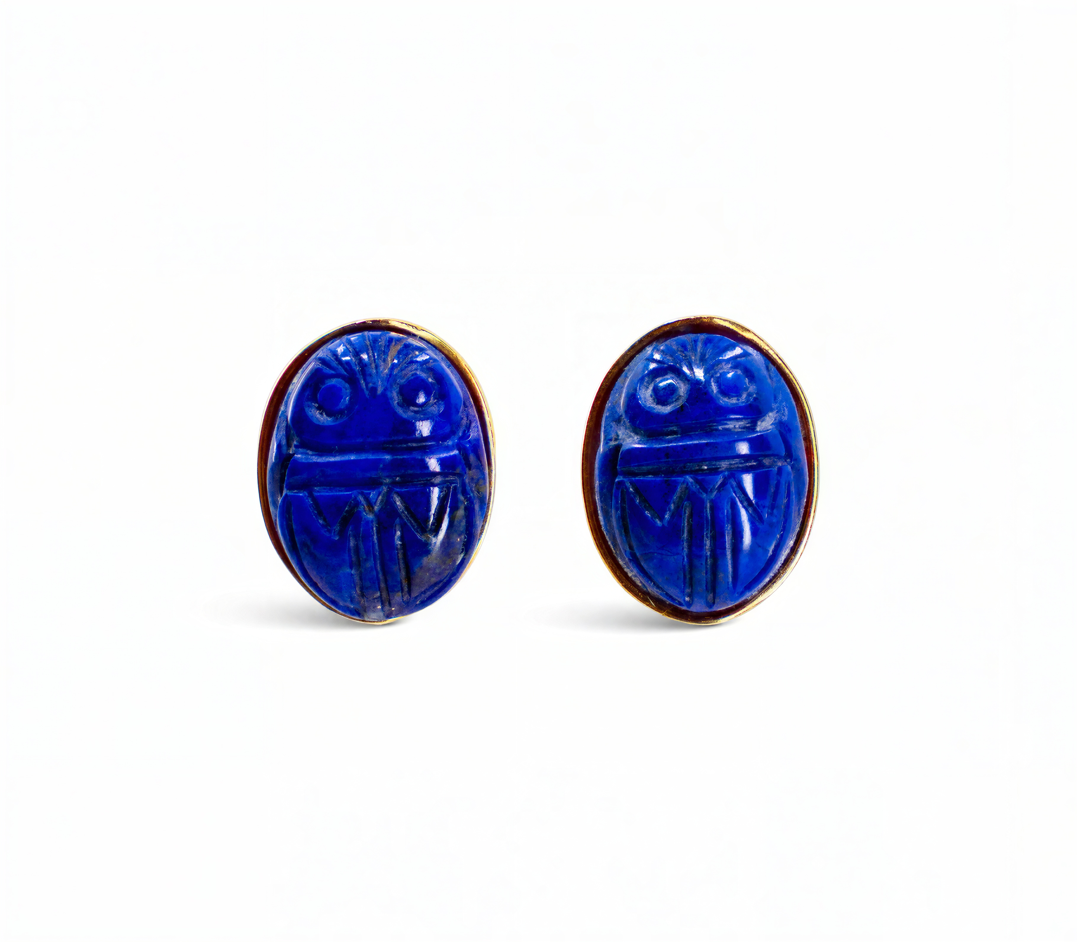 Egyptian Revival Gold Earrings with Carved Lapis Scarabs