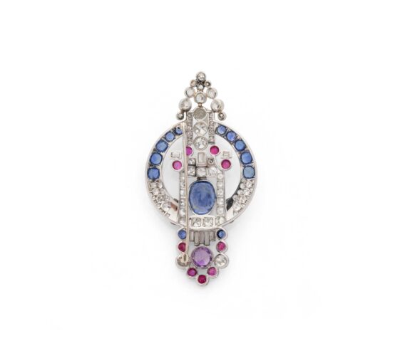 Art Deco Sapphire, Diamond and Black Enamel Platinum Brooch