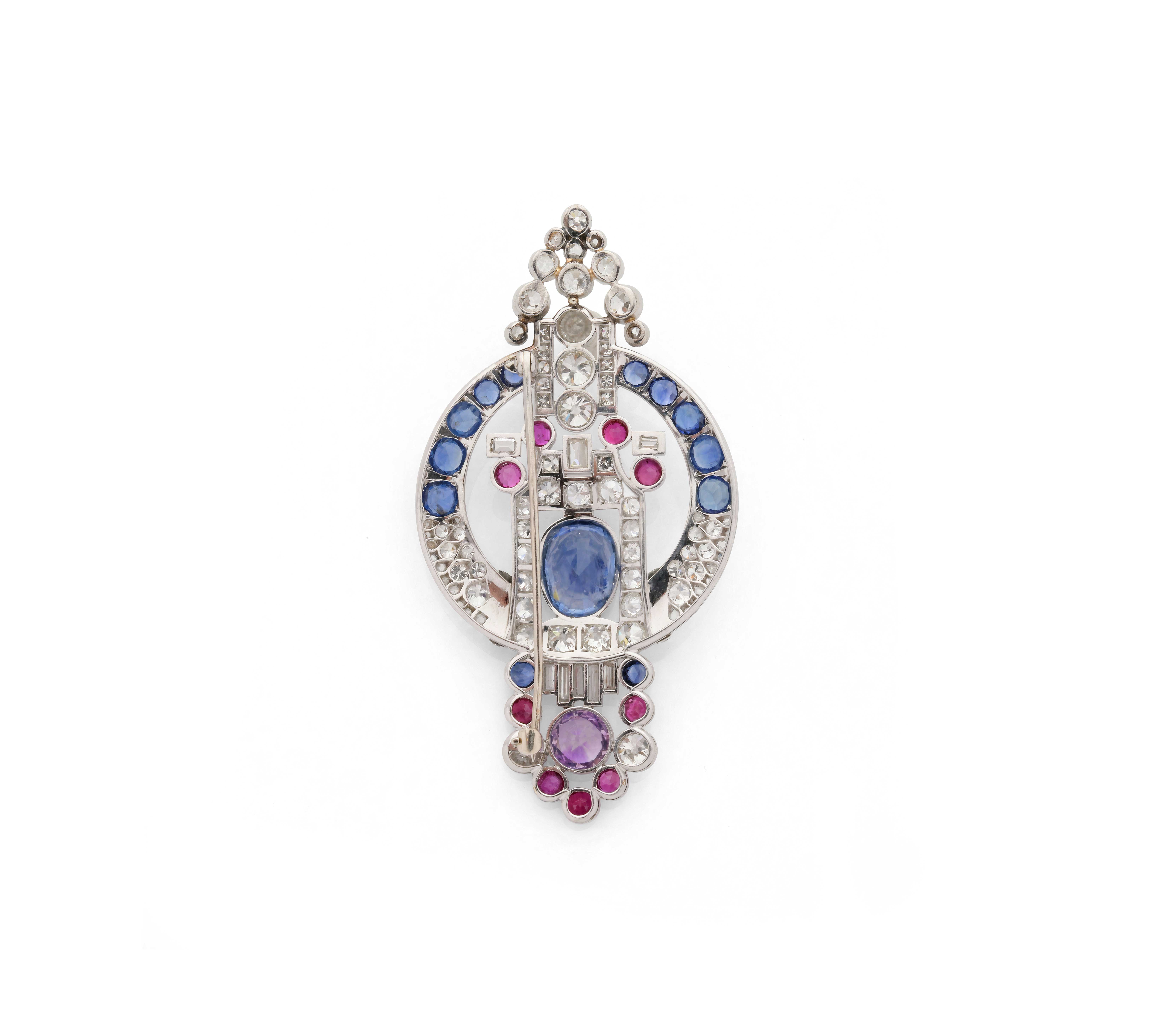 Art Deco Sapphire, Diamond and Black Enamel Platinum Brooch