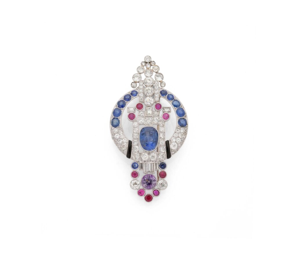 Art Deco Sapphire, Diamond and Black Enamel Platinum Brooch