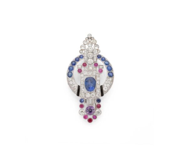 Art Deco Sapphire, Diamond and Black Enamel Platinum Brooch