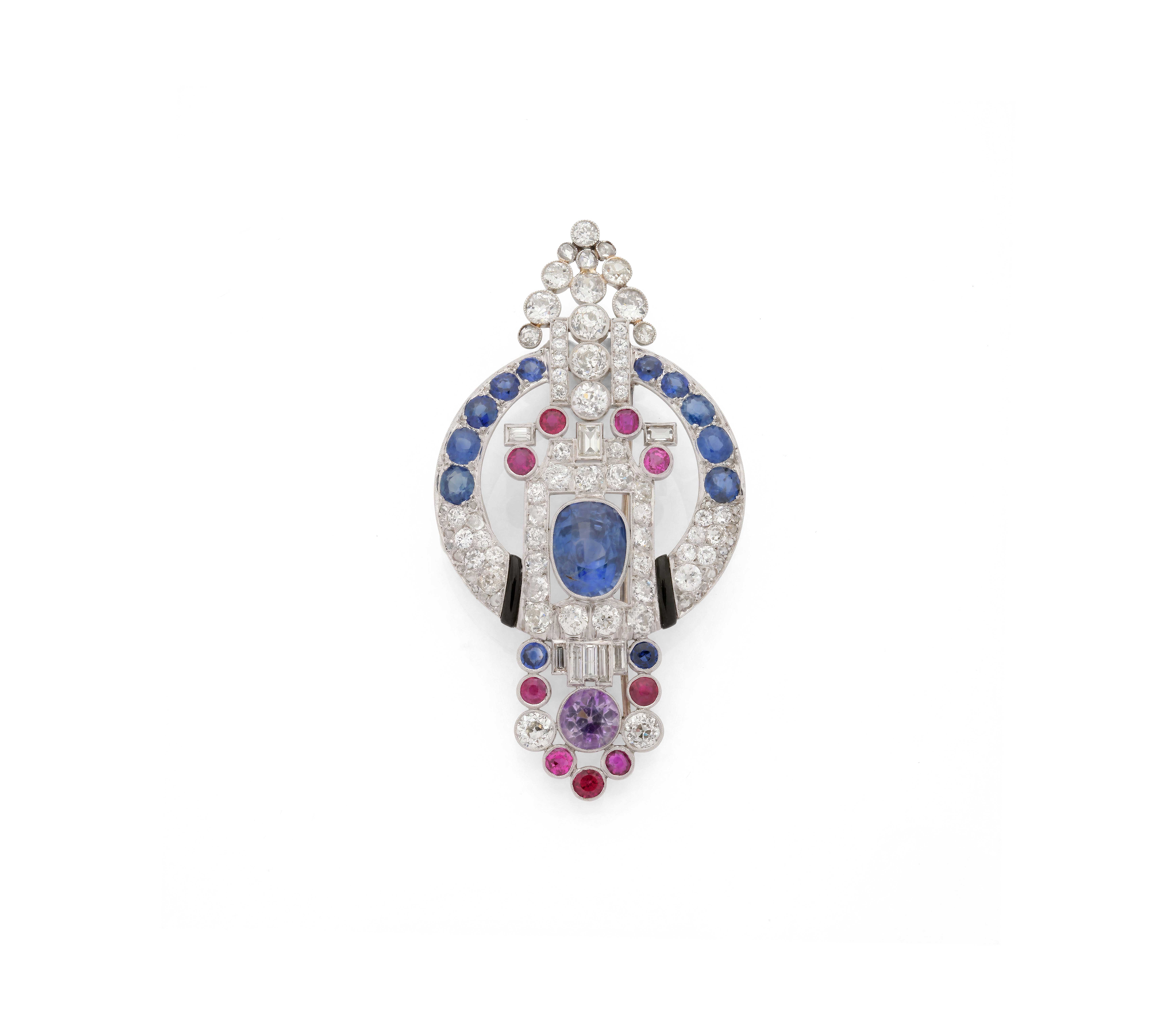 Art Deco Sapphire, Diamond and Black Enamel Platinum Brooch
