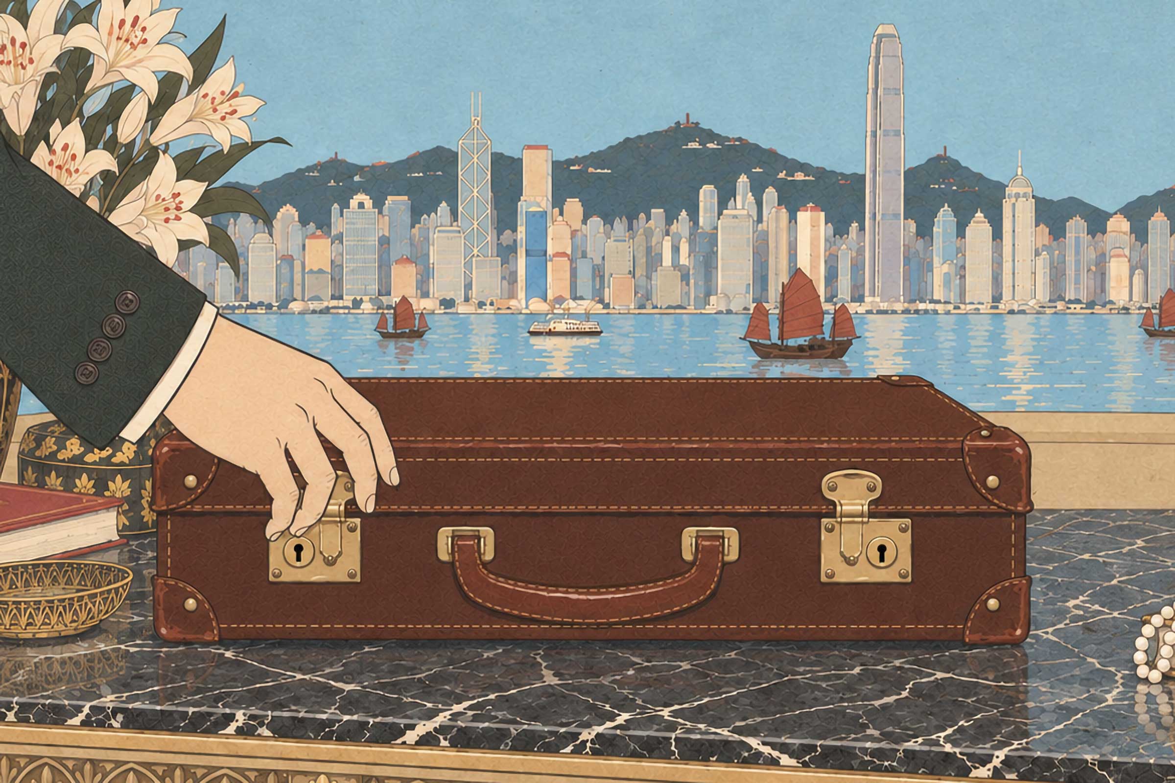 Hong Kong View with hand and suitcase on the front
