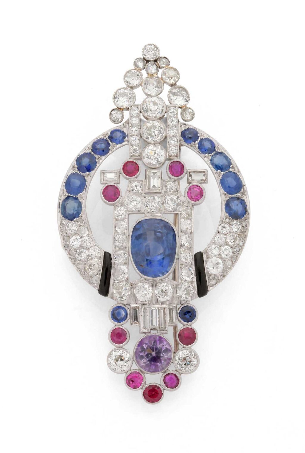 Art Deco Sapphire, Diamond and Black Enamel Platinum Brooch