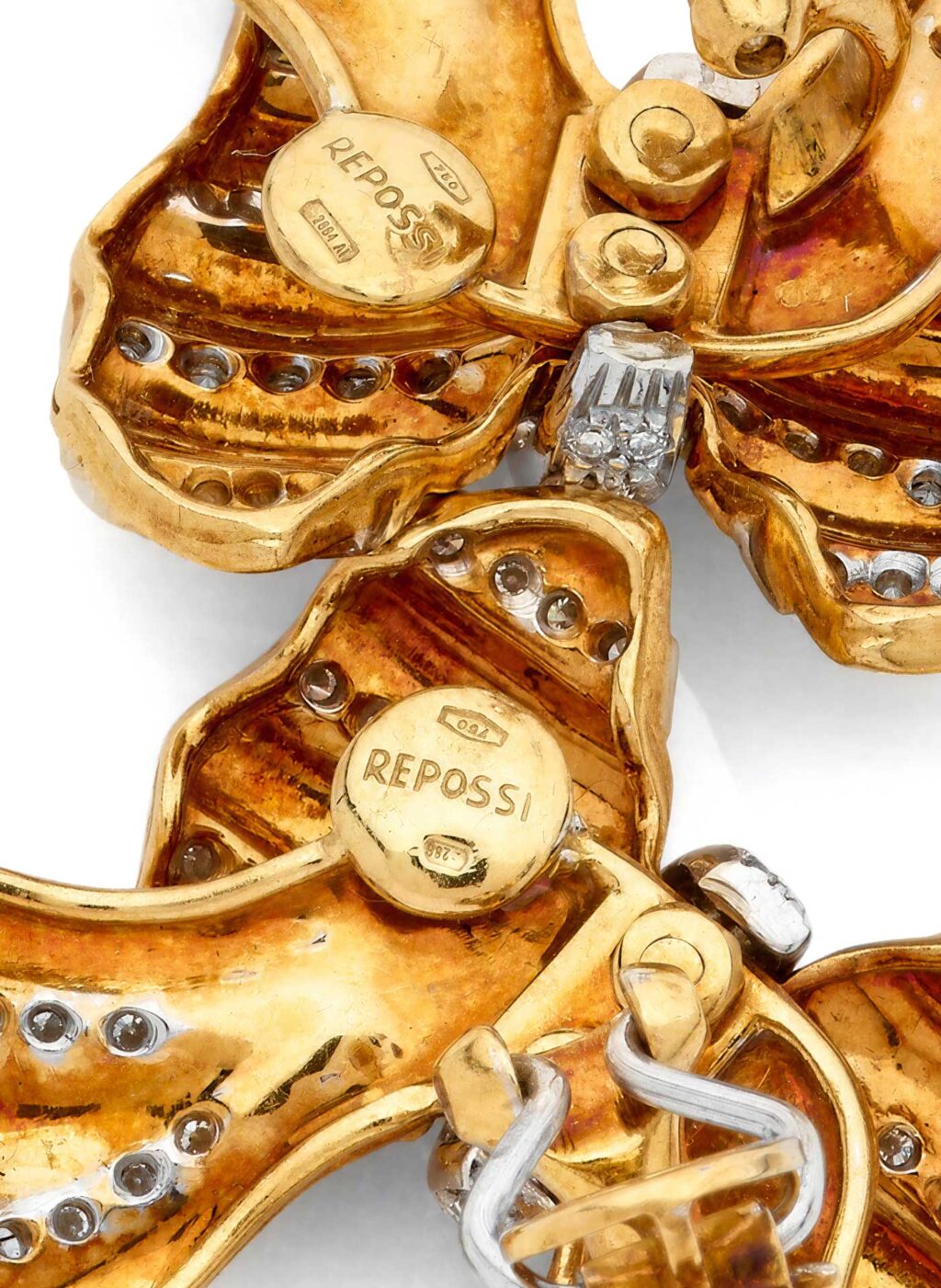 Repossi 蝴蝶结镶钻耳夹， 18K 双色金