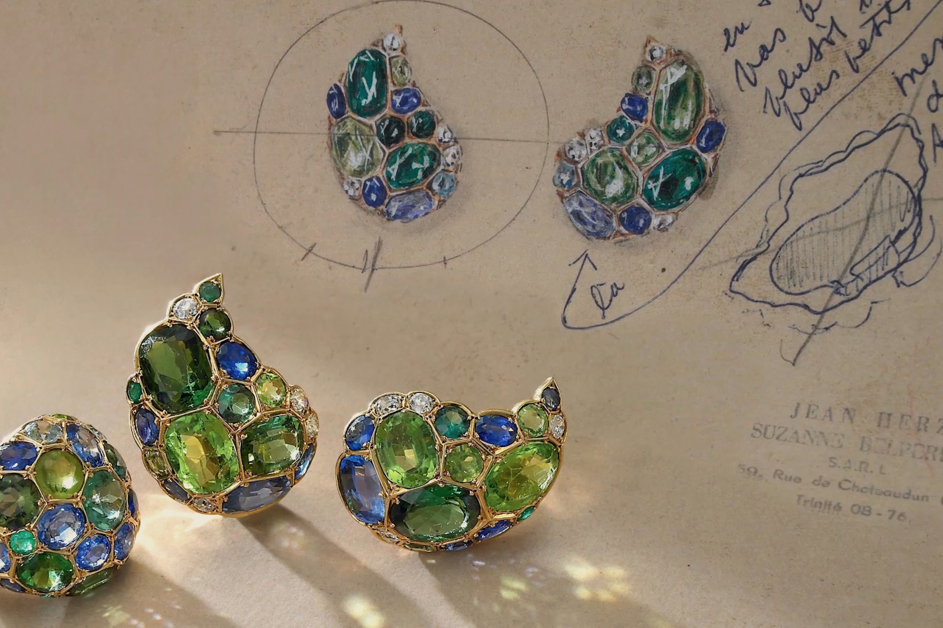 Suzanne Belperron for Jean Herz, “Paisley” Ring and Earrings, France.Executed in the signature “boteh” form and featuring the serti couteau technique, with individually fitted gemstones set into fine gold cells.