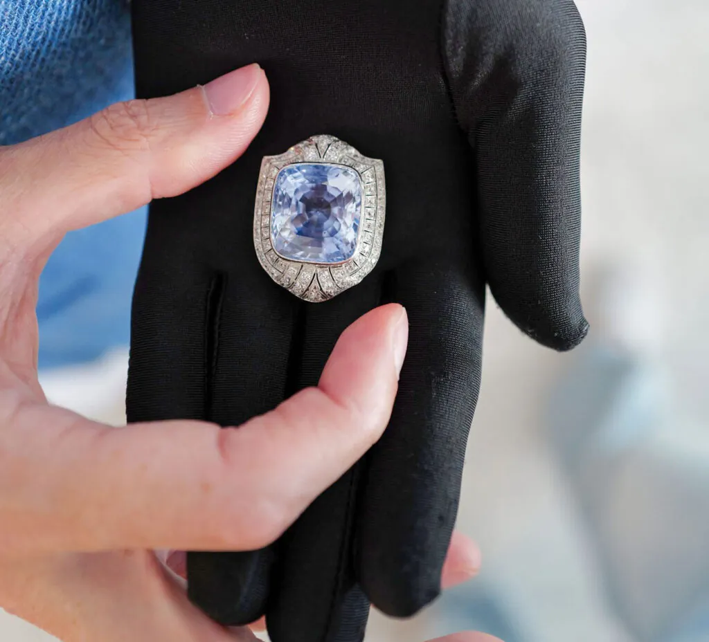 47 carat Sapphire and 15 carat Diamond Art Deco Brooch