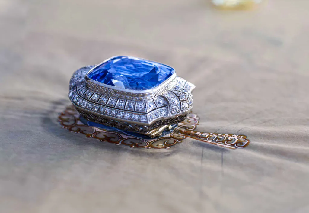 47 carat Sapphire and 15 carat Diamond Art Deco Brooch
