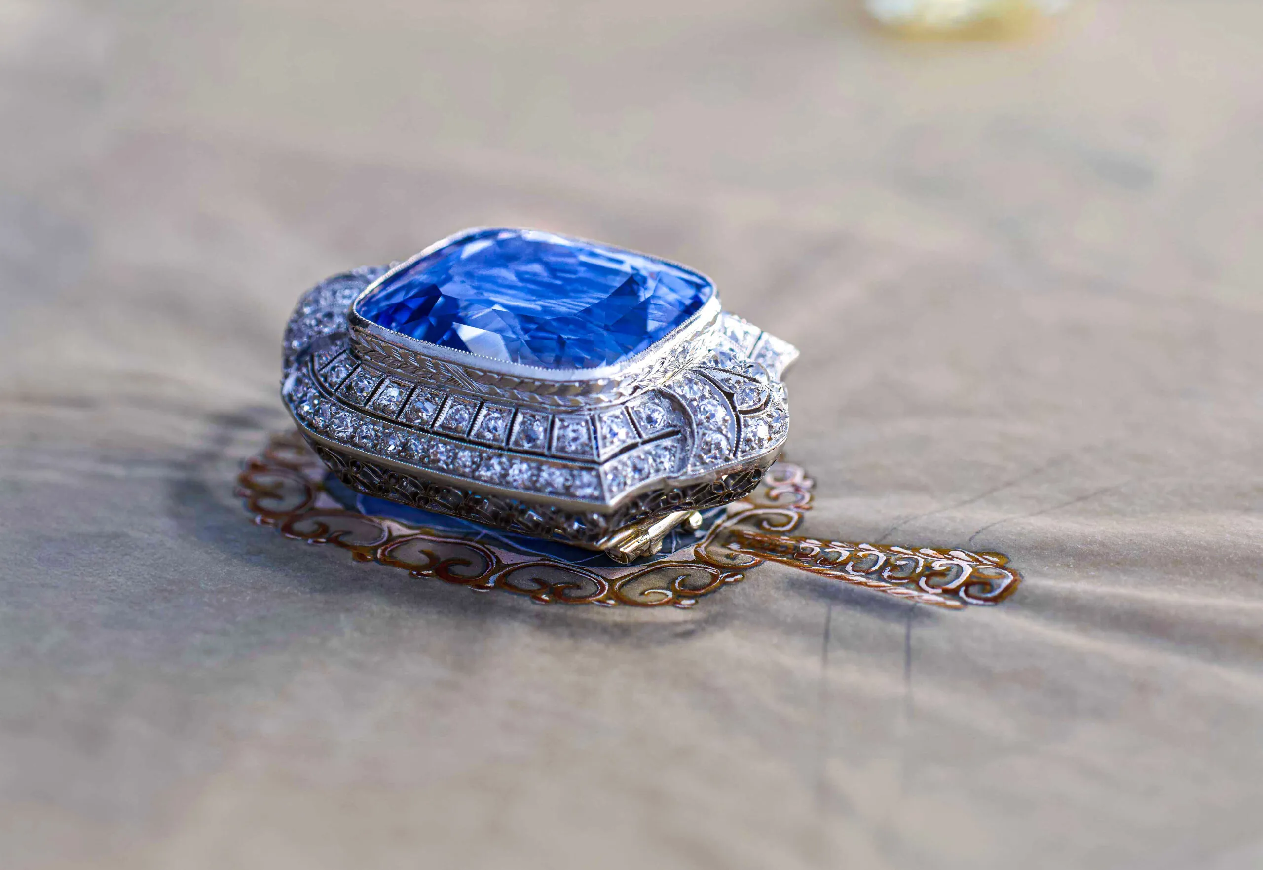 47 carat Sapphire and 15 carat Diamond Art Deco Brooch