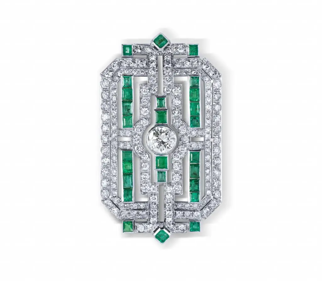 Art Deco Diamond and Emerald Brooch