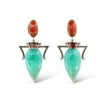 Earrings with Coral, Enamel, and Cabochon Emeralds