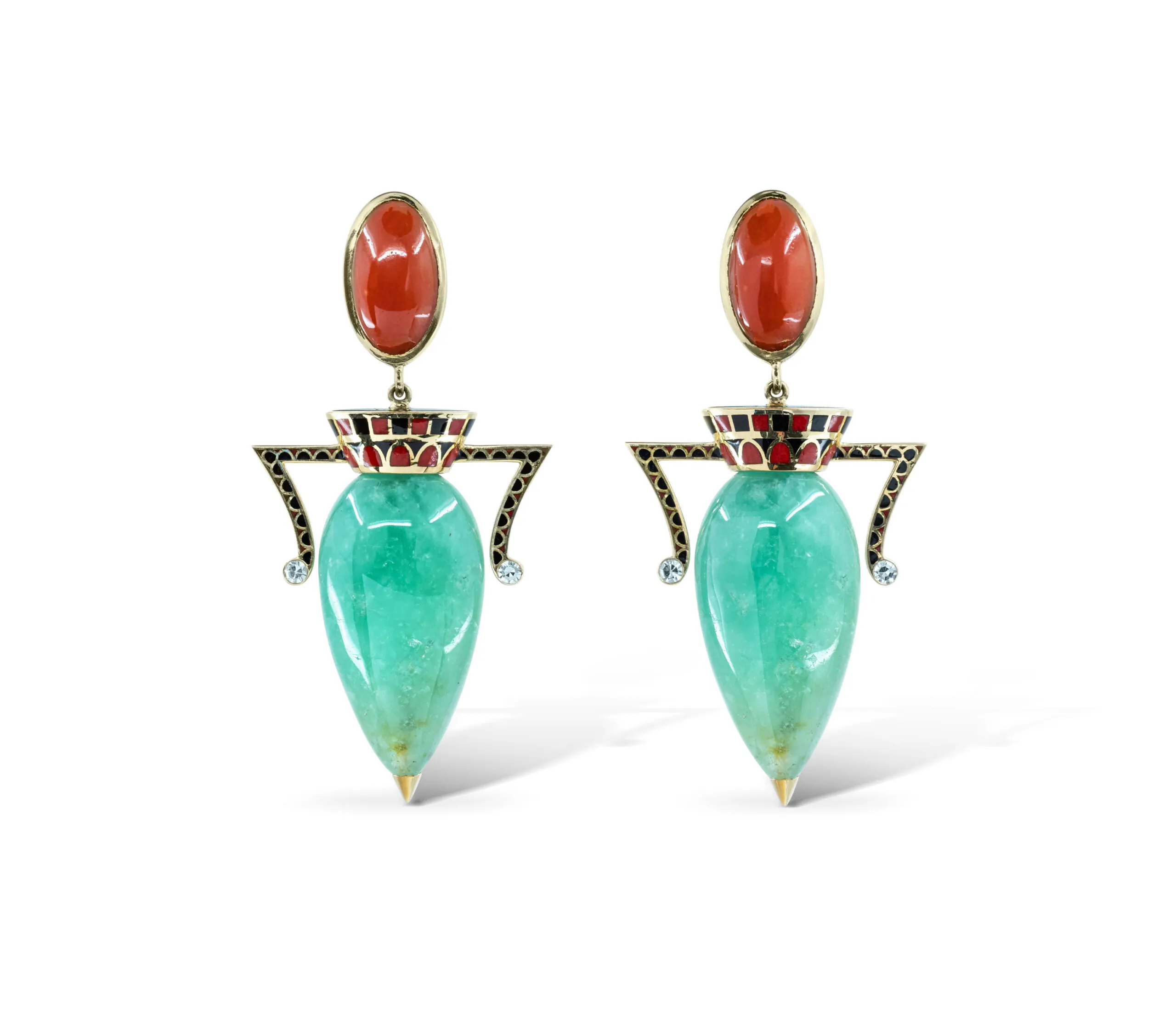 Earrings with Coral, Enamel, and Cabochon Emeralds