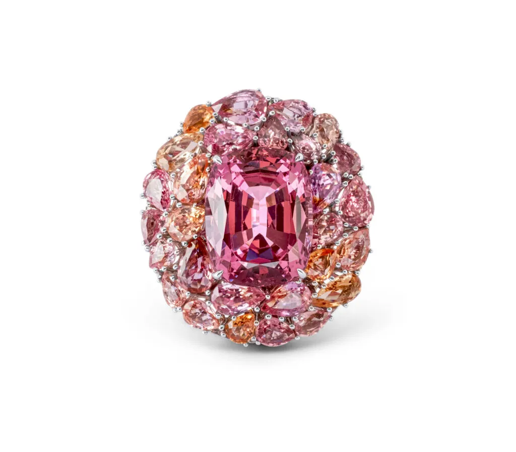 13.66-Carat Pink Spinel Ring with Multicolored Sapphires