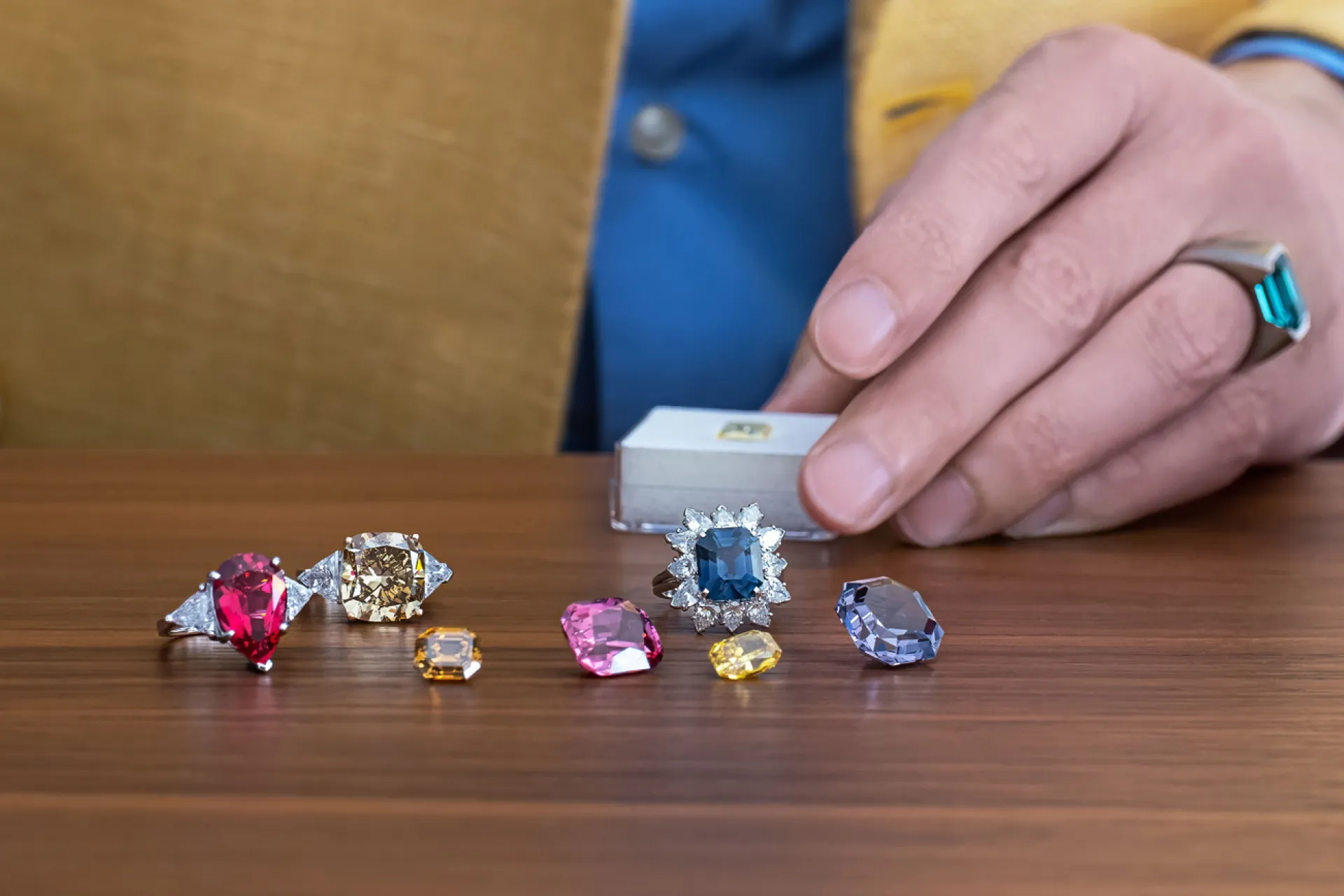 The Variety of gemstones and rings on the table