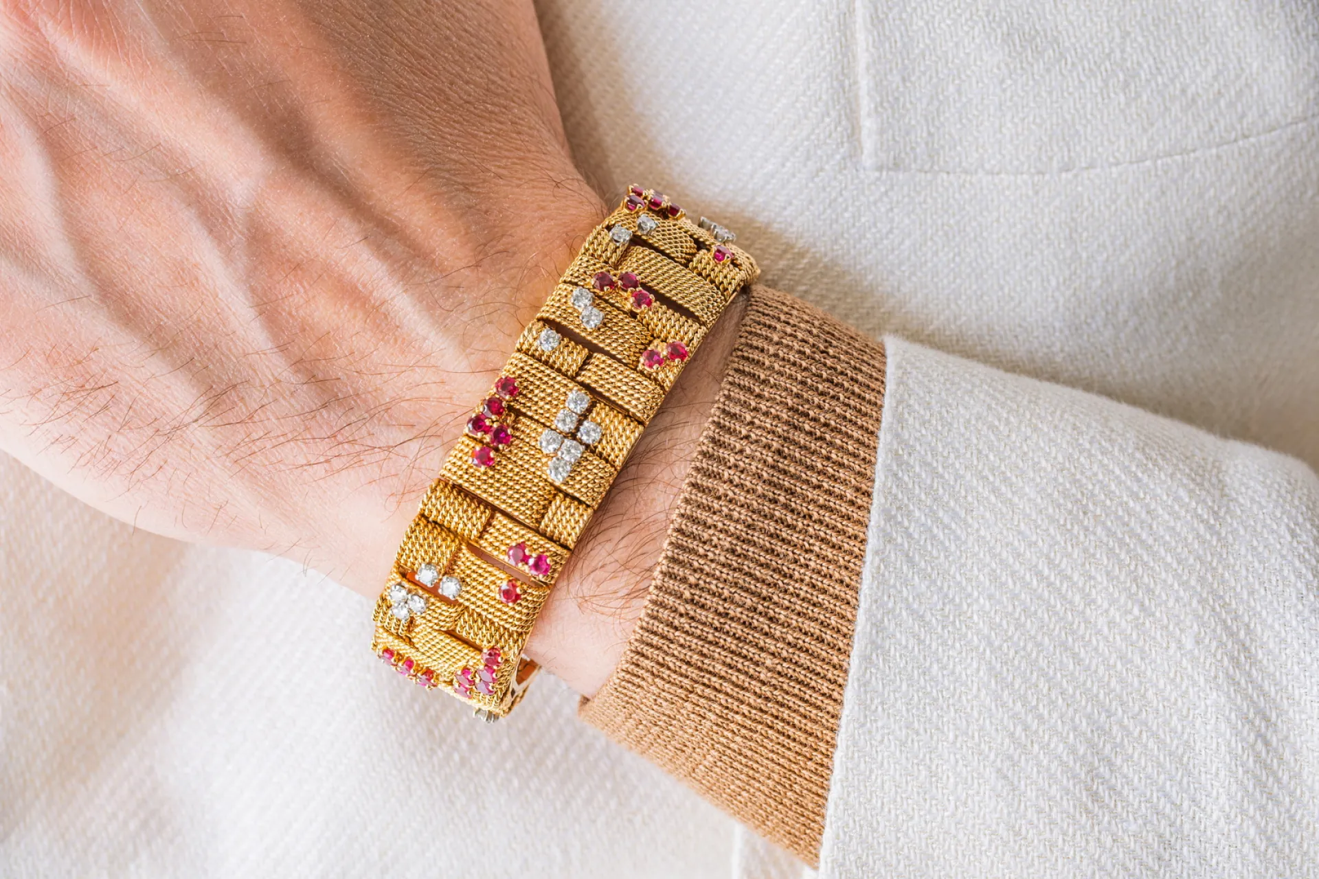 Vintage Ruby Diamond Twisted Ribbon Gold Bracelet 1970s on Hand