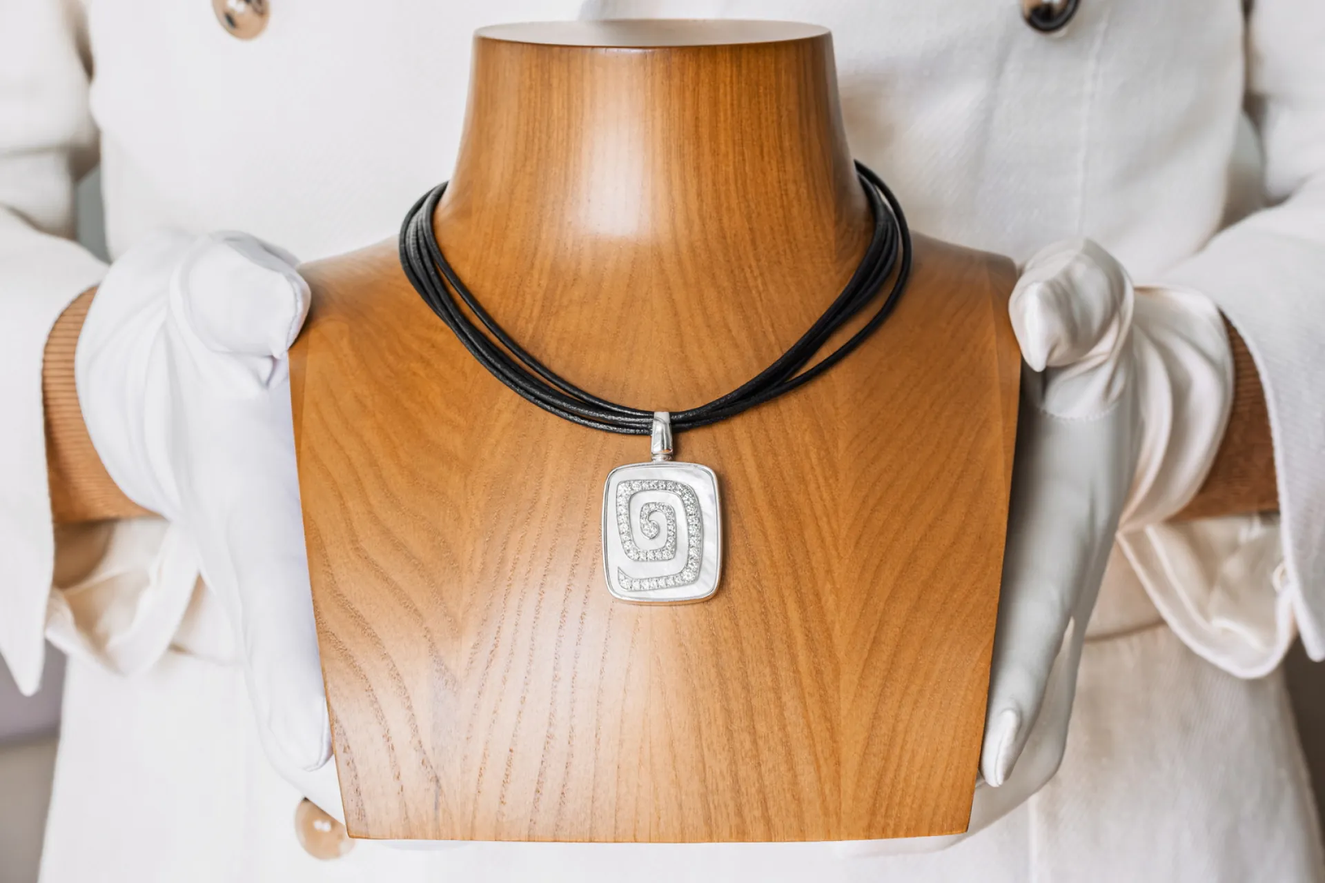 Bulgari Diamond & Mother-of-Pearl Leather Multi-Strand Necklace on Wood Mannequin