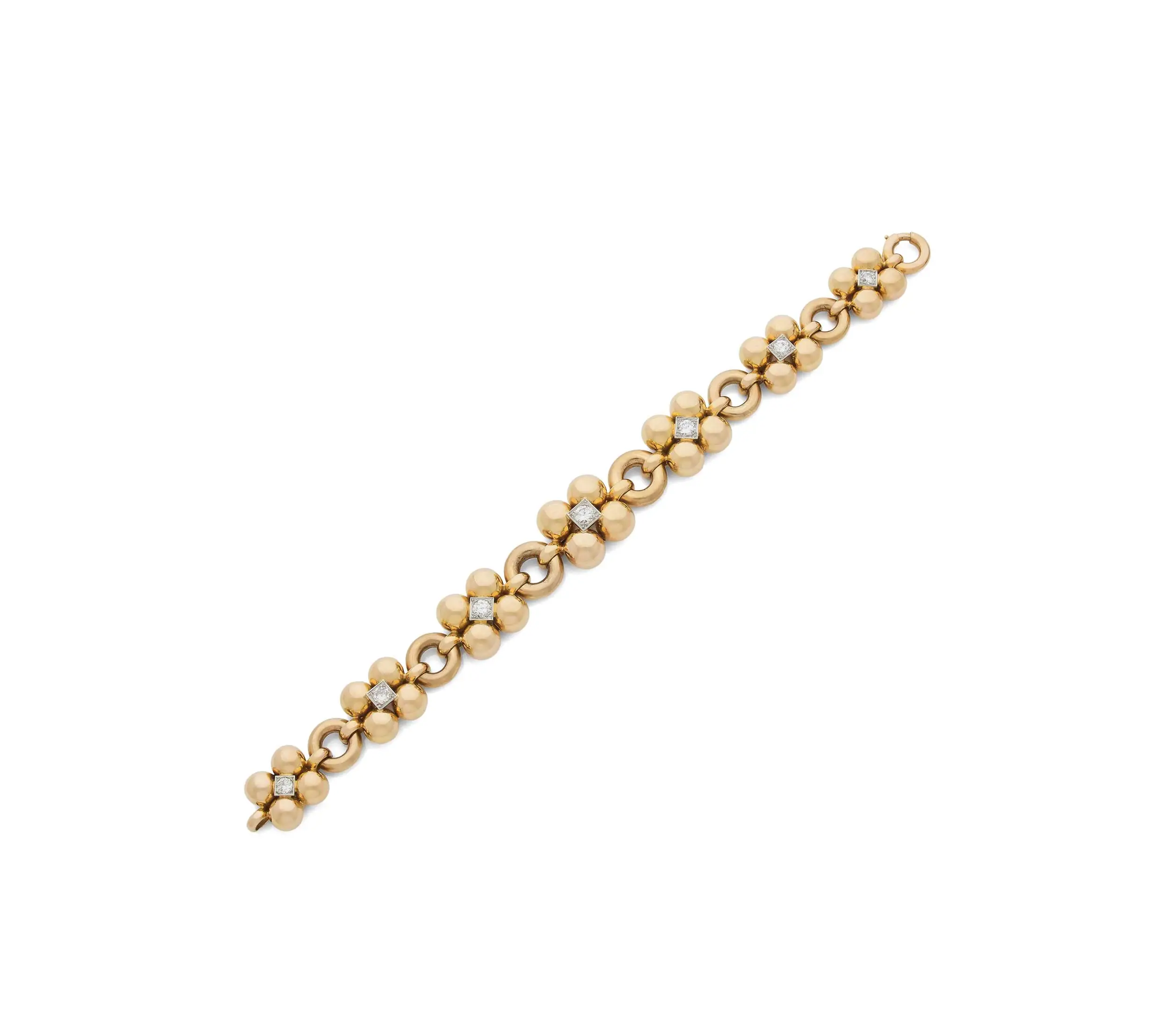 Bracelet Français en Or Rose et Diamants Quatrefeuilles Années 1960