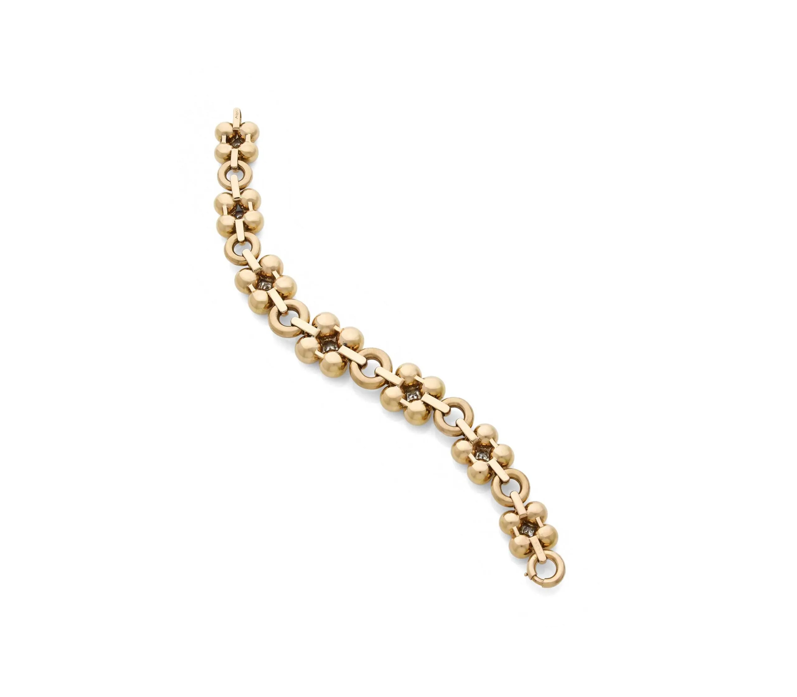 Bracelet Français en Or Rose et Diamants Quatrefeuilles Années 1960