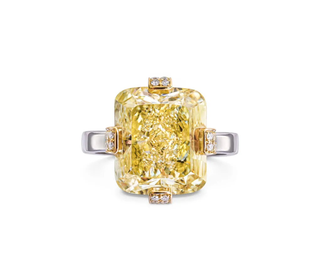 10.31 carat Fancy Intense Yellow Radiant Diamond Ring