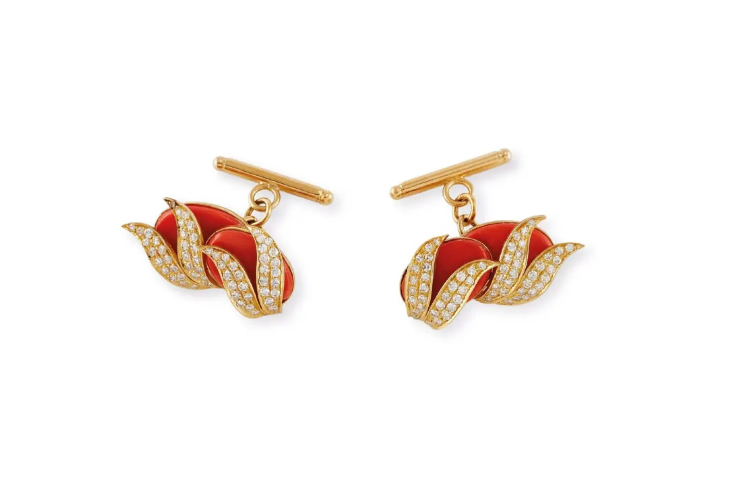 Coral and Diamond Cufflinks on white backgraound