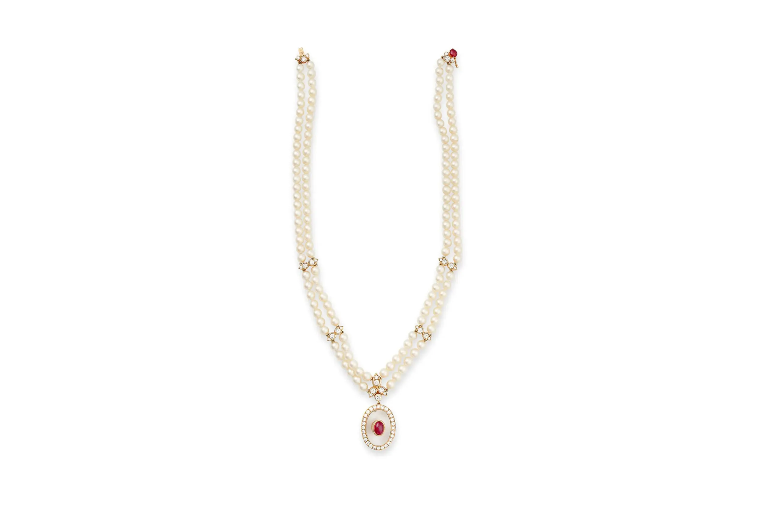Van Cleef & Arpels Pearl, Rock Crystal, Ruby and Diamond Necklace on the white background