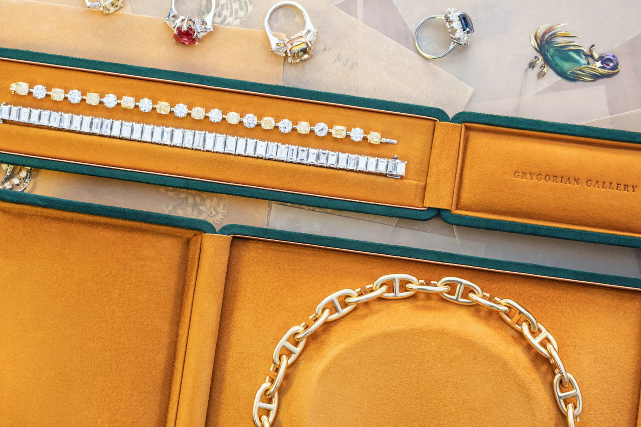 Vintage bracelets, rings and necklace in the box in the aestethic background