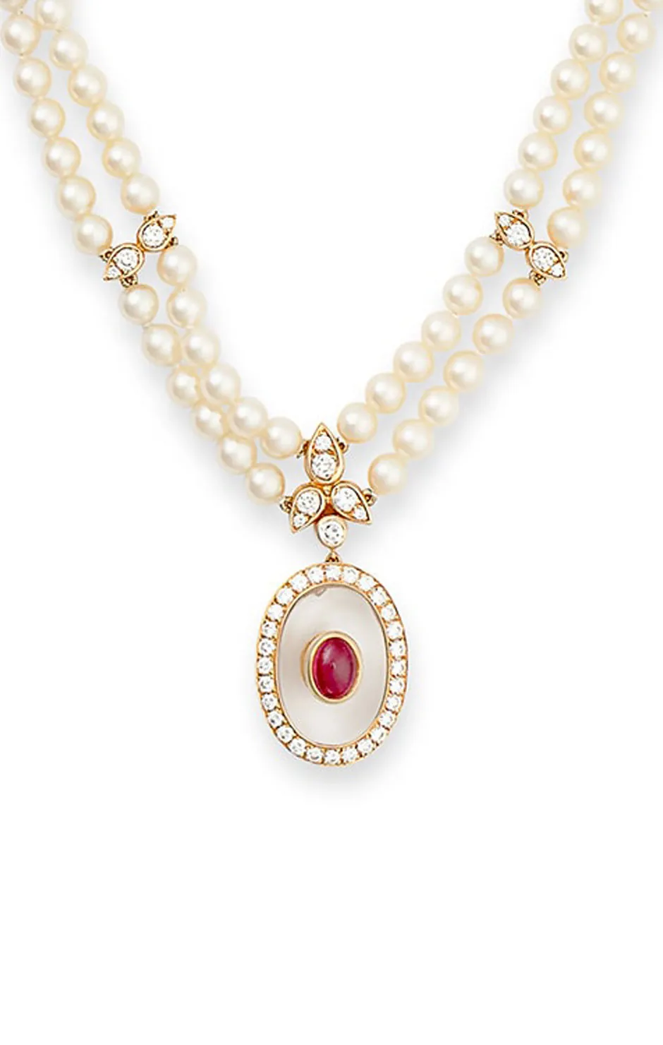 Collier Van Cleef & Arpels en perles de culture, cristal de roche, rubis et diamants