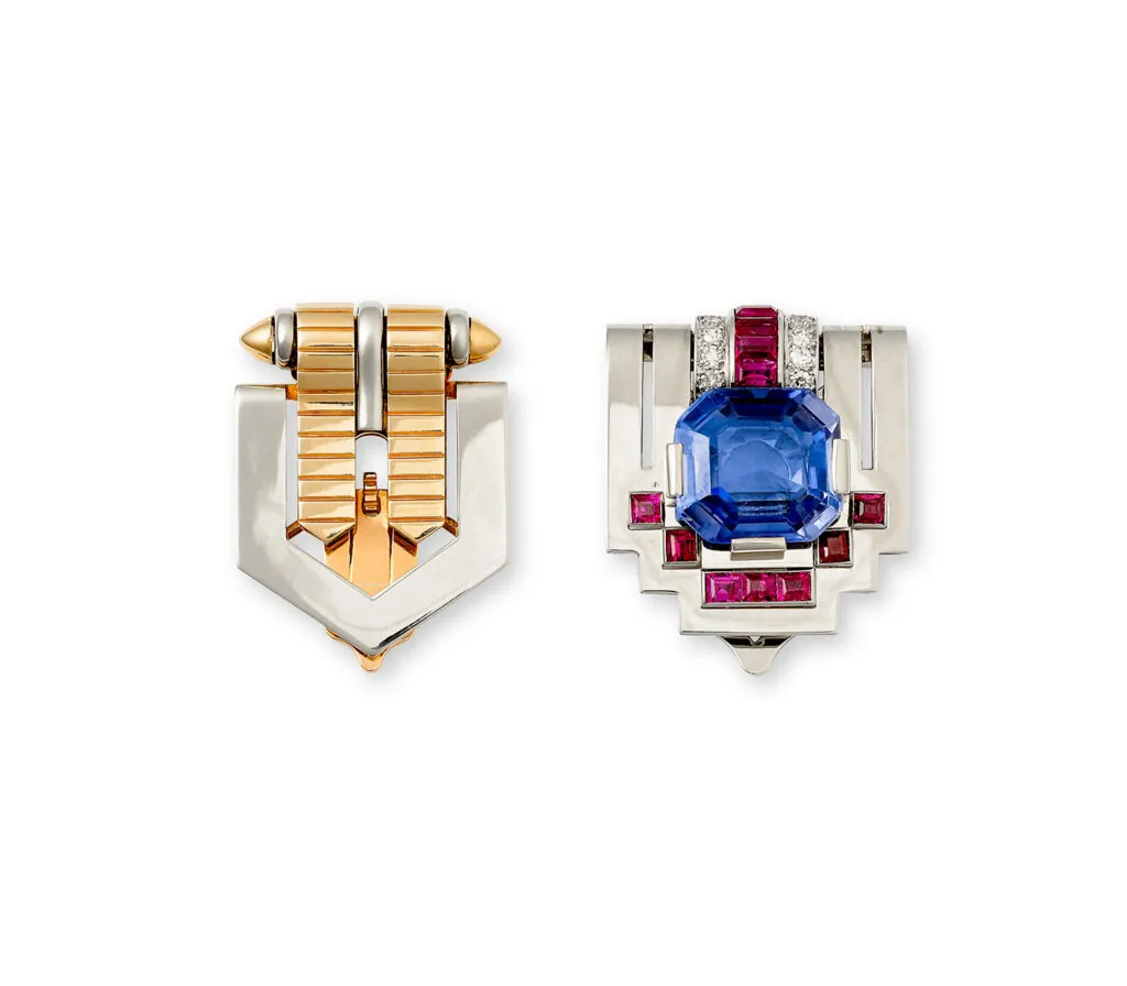 Clips Van Cleef & Arpels en or avec synthétique, rubis et diamants