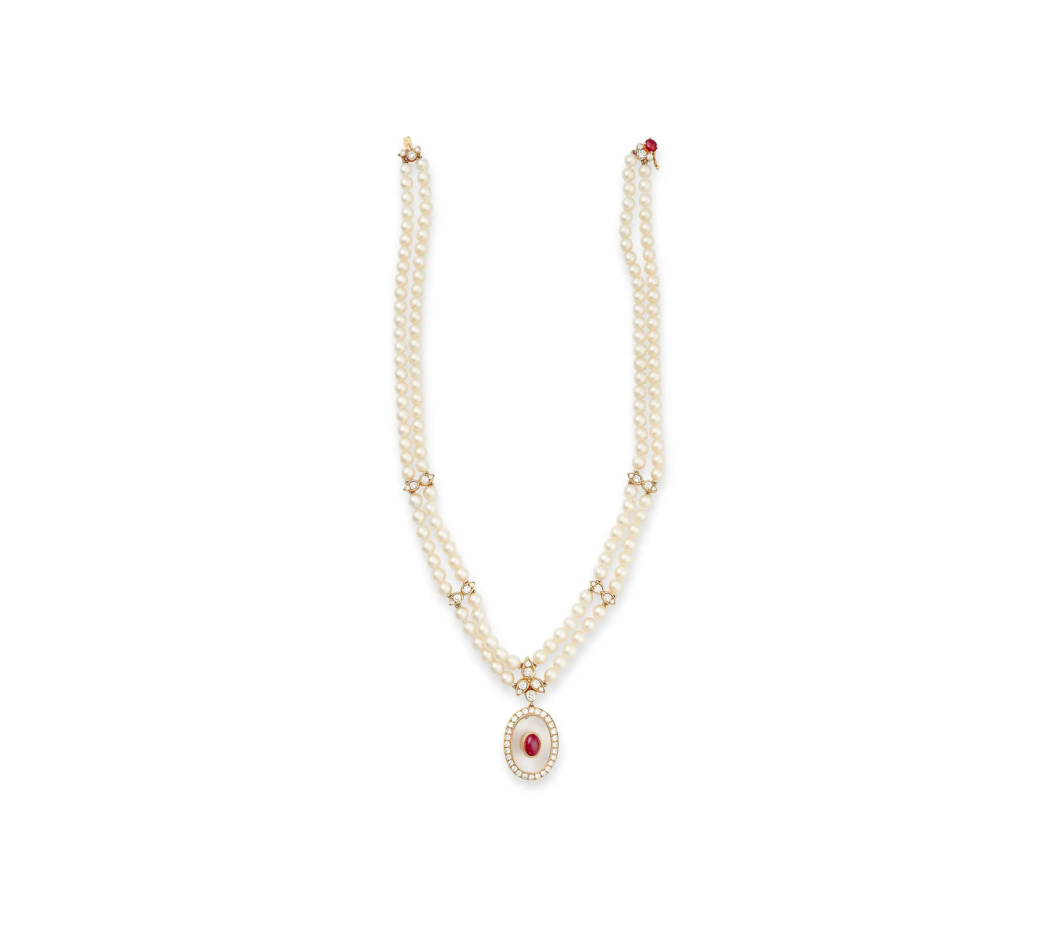 Collier Van Cleef & Arpels en perles de culture, cristal de roche, rubis et diamants